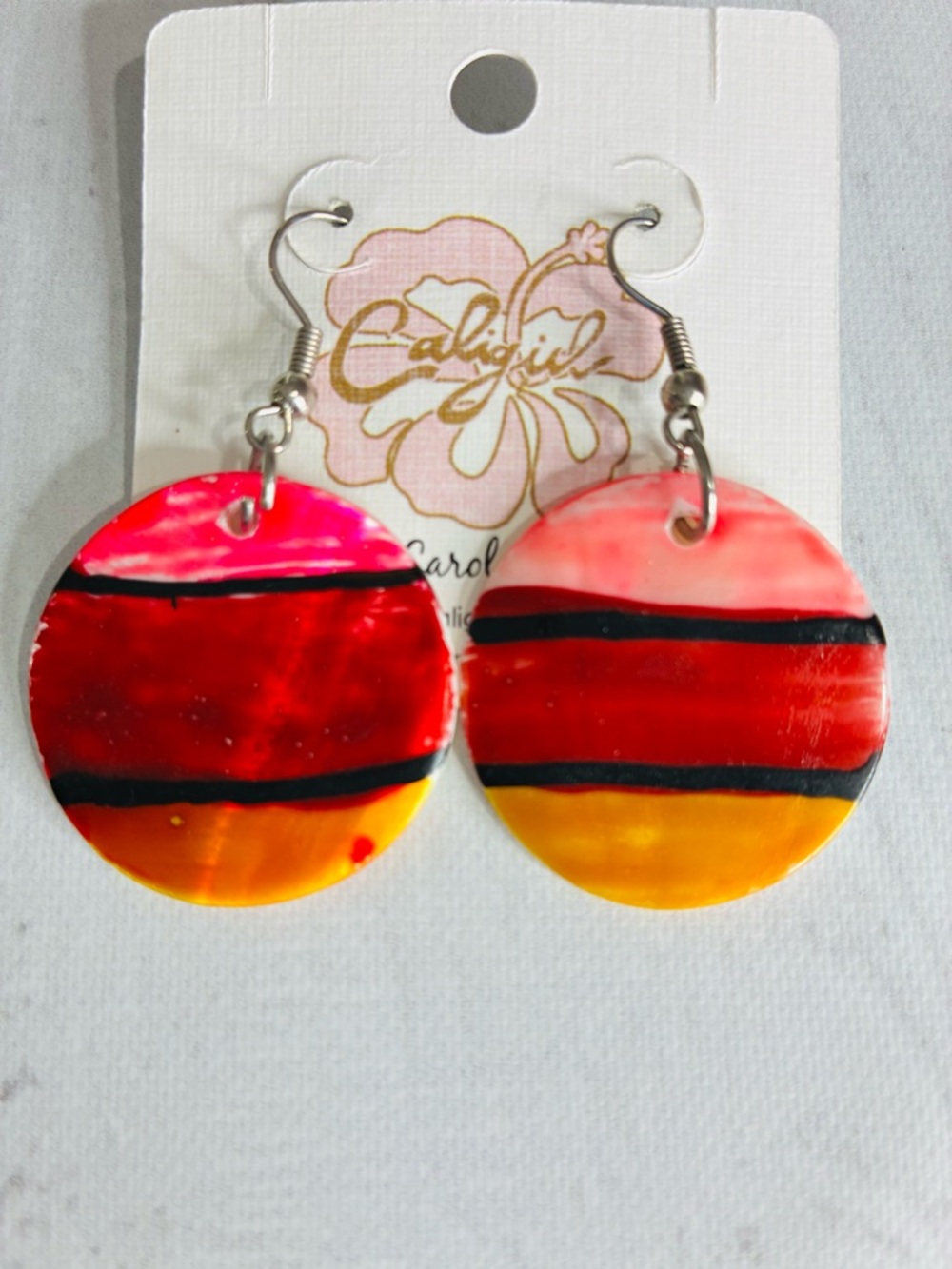 Bright Striped Round Dangle Earrings - Red, Pink, Yellow